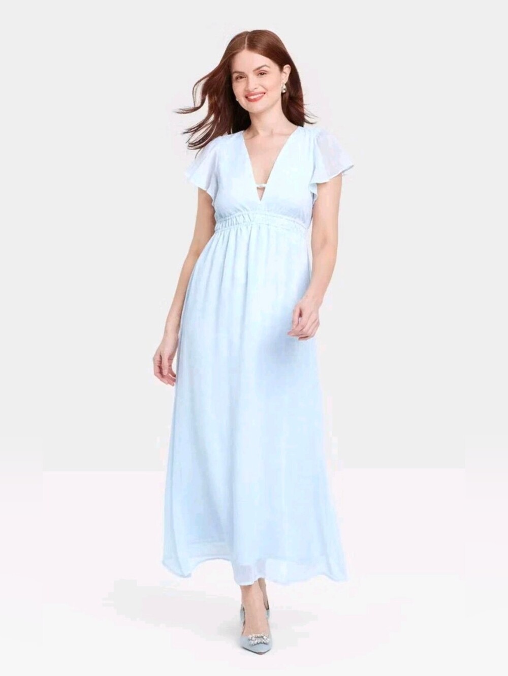 Maxi A-Line Dress Sky Blue Deep V-neck Floral Chiffon Flutter Casual Size XS